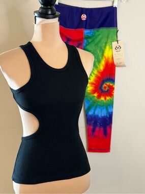 Rainbow psychedelic tie dye crop leggings black cutout tank set SM